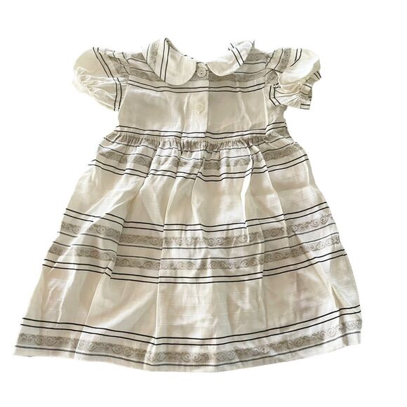 Donna Capozzi Kids 3T Dress Beige Woven Collared Baby Doll Dress Velvet Pinafore - Picture 3 of 14